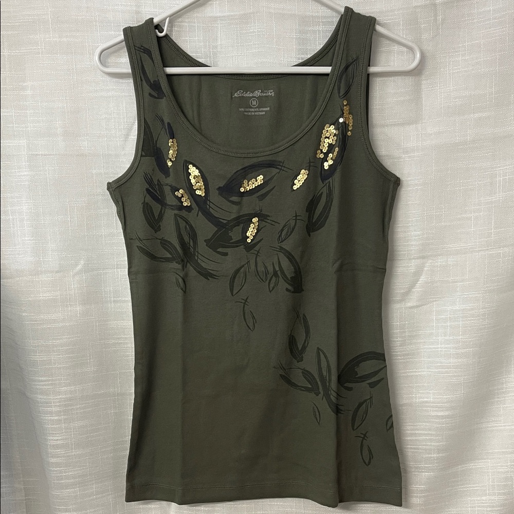 Olive Green Tank Top with Gold Accents Eddie Bauer ladies medium nwt